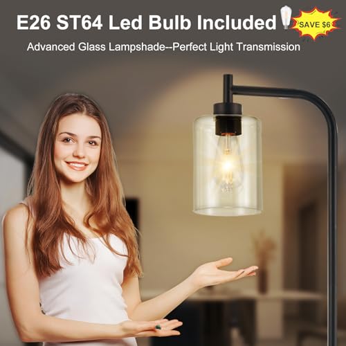 DLLT Floor Lamp Tall for Room: Black Standing Lamp with Clear Glass Lampshade for Living Room - Modern Bright Lamp for Bedroom - Industrial Corner Floor Lamps for Office 8W Led Bulb Included