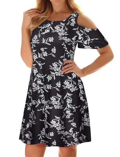 Image of Misyula Style Womens Summer Cold Shoulder Floral Flowy T-Shirt Dress with Pockets