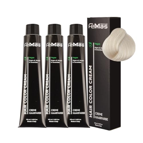 FemMas Haarfarbe 3x Hell Lichtblond Asch 10.1 I Creme Haarfarbe mit Arganöl, Keratin & Ceramiden I dauerthafte Haarfärbung oder Tönung für strahlende Farbergebnisse I 100 ml