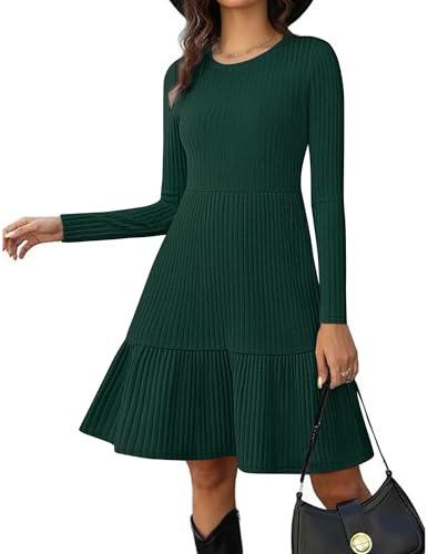 Zeagoo Womens Long Sleeve Fall Dresses with Pockets 2025 Flowy Casual Ribbed Knit Crew Neck Knee Length Sweater Dress2