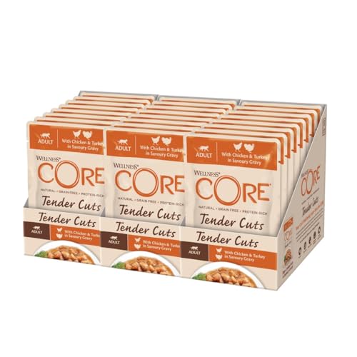 MERA finest fit Senior 8+, Katzenfutter nass für ältere Katzen ab 8 Jahren, Nassfutter aus frischem Geflügel, gesundes Futter mit Glucosamin, getreidefrei (12 x 85g) 2 Wellness CORE Tender Cuts, Katzenfutter nass in Sauce, getreidefrei, hoher Fleischanteil, Huhn & Pute, 24 x 85 g