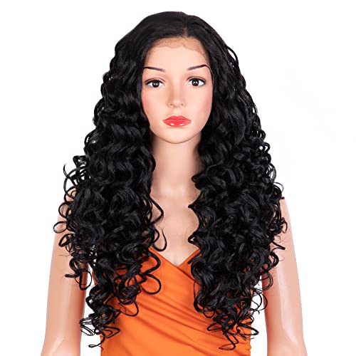 NOBLE STAR Easy-360 Lace Frontal Wigs for Women 25 inches Long Curly Wavy 13x4 Free Part Lace Frontal Wig Heat Resistant Synthetic Wigs for Daily Party Cosplay Use 130% Density (Natural Black)