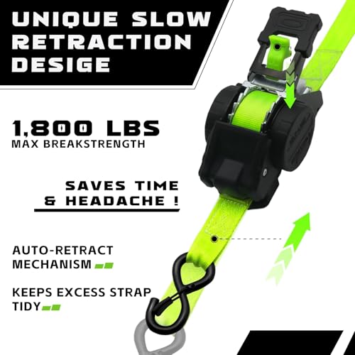 Image of Retractable Ratchet Straps (2-Pack) - Heavy Duty Auto Slow Retraction Tie Down Straps - 1 Inch x 13 Feet (1,800lb Break Strength) for Truck, Cargo Trailer, Motorcycle, ATV, UTV - Fluorescent Green