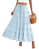 BTFBM Women's Spring Tiered Maxi Skirt Drawstring Elastic Mid-Waist Flowy Boho Dress Summer Beach Vacation Long Skirts(Solid Light Blue, Small)