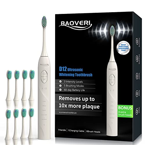 BAOVERI Electric Toothbrush for Adults&Kids, 42000 VPM Rechargeable Sonic Toothbrushe with 8 Brush Heads, 5 Modes & 3 Intensity Levels, IPX7 Waterproof, 2-Min Smart Timer, 4 H Fast Charge for 60 Days