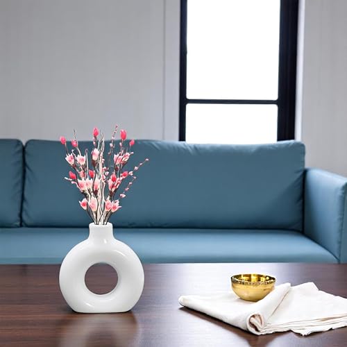Image of Modern Ceramic Ring Vase Pink Floral Stems, White, Decorative Flower Holder for Home (4 INCH)