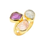 Anillo ajustable de tres piedras, plata de ley 925 y anillo chapado en oro amarillo de 18 k para mujeres y niñas, piedra preciosa cruda de aguamarina
