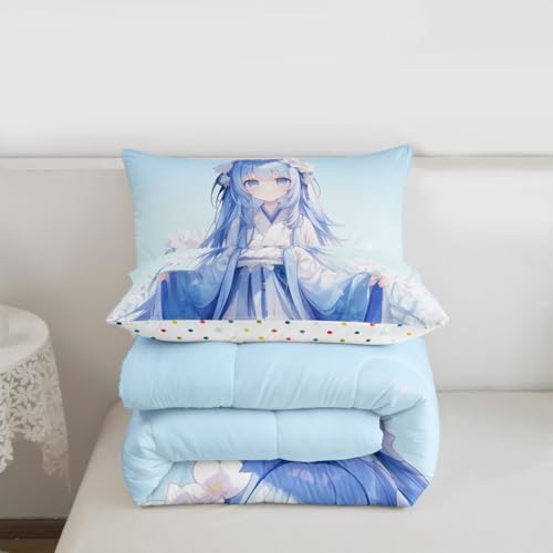 Image of Erosebridal Traditional Japanese Comforter Set, 3D Anime Bedding for Kids Girls, Kawaii Decor With Blue Butterfly, Down Comforter Full Size