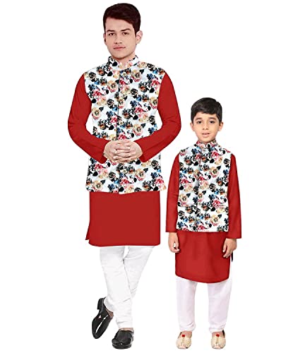 Image of Os Men's & boy kurta pyjama set with nerhu jackets (Multi printed) in cotton (baap beta|father son|)