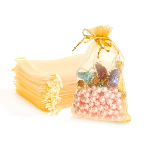 Image of PACKINNO 100pcs Gold Organza Bags, Sheer Organza Bags 4x6 Inch, Small Mesh Bag, Drawstring Gift Bags for Party, Jewelry, Candy, Christmas, Festival, Bathroom Soaps, Makeup