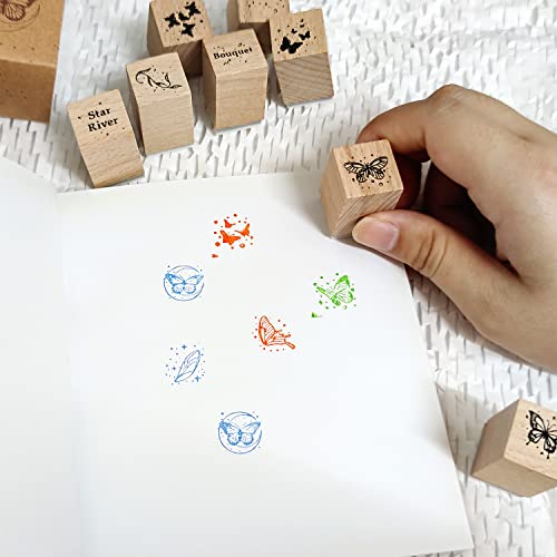 Vtapliea 32pcs Wood Rubber Stamps Set Butterfly & Melody Decorative Rubber Stamp for DIY Craft, Card Making, Scrapbook, Diary, Letter, Birthday Cards