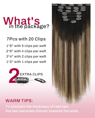 Image of Moresoo Balayage Clip in Hair Extensions Brown Blonde,20 Inch Real Hair | Human hair clip in extensions, black to brown with caramel blonde balayage,120g 7pcs, for warm dimension and full look