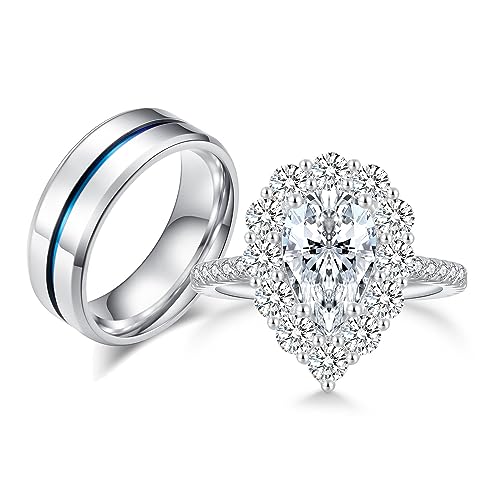 Teardrop Couple Bridal Ring Set Cubic Zirconia Engagement Rings for Women Mens Titanium Wedding Bands