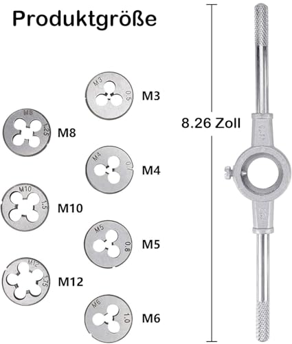 KEWAYO 8-teiliges Metrische Matrizen Set,Tragender Stahl Hand-Schraube Gewindeschneide Satz,Schraubenschlüssel Werkzeuge mit M3-M12 für Gewindeverarbeitung Manuelles Gewinde