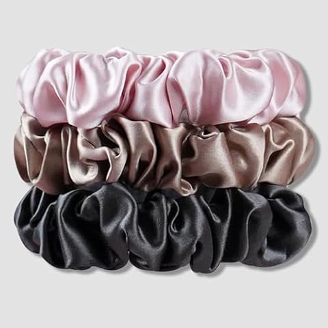 QIYUE 100% Mulberry Silk Scrunchies for Hair,3PCS 22 Momme Silk Hair Ties,Scrunchies for Women Girls，Hair Ties Ropes Ponytail Holder (Light Gold,Cherry Pink,Forged Grey) Cover