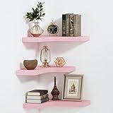 SAUMONIERES Corner Floating Shelves Wall Mount Shelf Solid Wood for Bedroom Bathroom Room Kitchen Storage Set of 3, Pink, Invisible Brackets