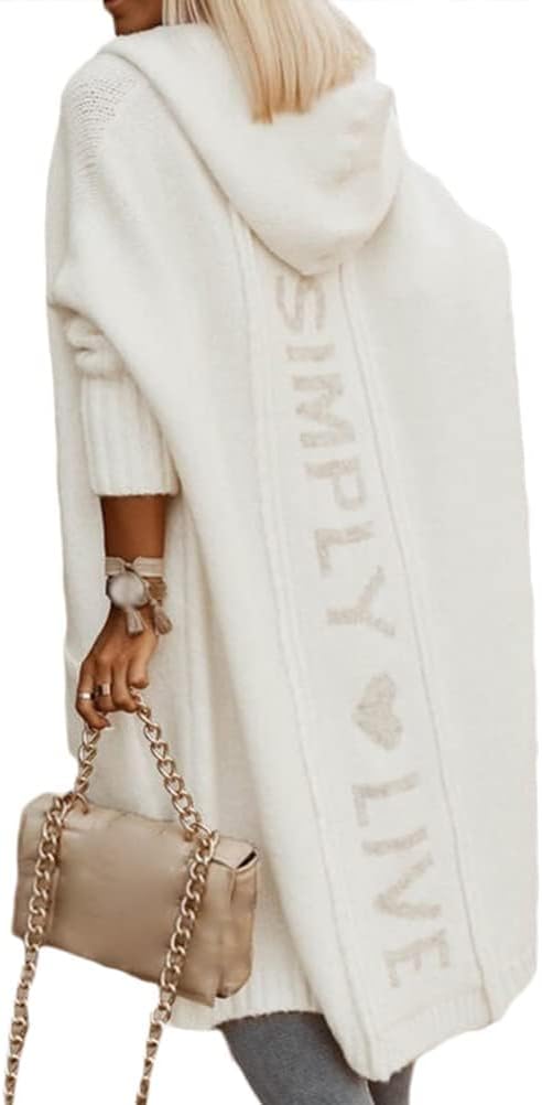 Women's Winter Simply Love Live Letter Long Hooded Sweater Cardigan Oversized Open Front Coat with Pockets