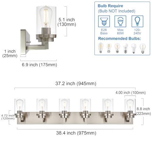 Image of MELUCEE 6-Light Bathroom Lights Over Mirror in Brushed Nickel, Modern Industrial Vanity Lighting Fixture Indoor Wall Lights for Bath Kitchen Powder Room, Clear Glass Shade
