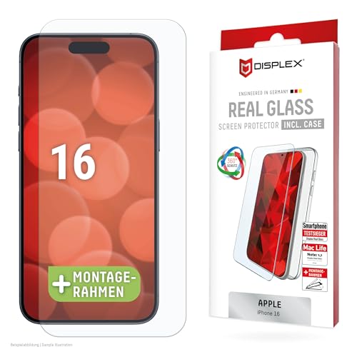 Displex Verre de protection pour Apple iPhone 16, avec cadre de montage écologique, verre trempé, film de protection anti-rayures et compatible avec les coques (Real Glass + coque de téléphone
