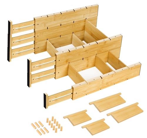 6 PCS Bamboo Drawer Dividers with 12 Inserts, Expandable Kitchen Utensil Drawer Organizers, Adjustable for Dresser, Closet, Underwear Socks Storage, Bedroom and Bathroom Drawers (16.6-22 Inches)