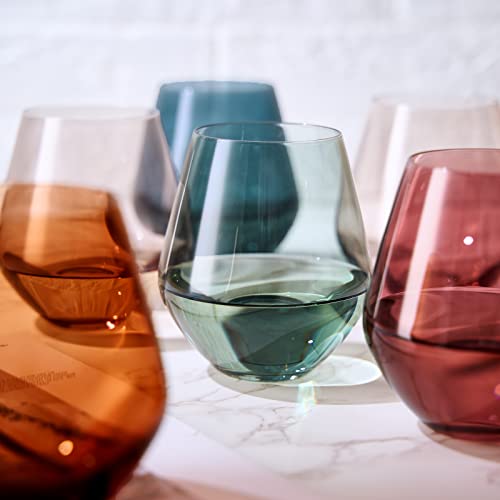Colored Stemless Crystal Wine Glass Set Of 6, Gift For Her, Him, Wife, Friend - Large 16 Oz Glasses, Unique Italian Style Tall Drinkware - Red & White, Dinner, Color Beautiful Glassware - (Pastel) #TOP3