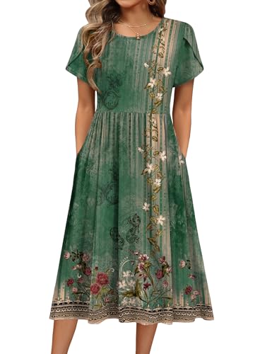 Image of HOTOUCH Women's Summer A-Line Midi Dresses 2026 Casual Floral Short Sleeve T-Shirt Dress Flowy Beach Sundress with Pockets