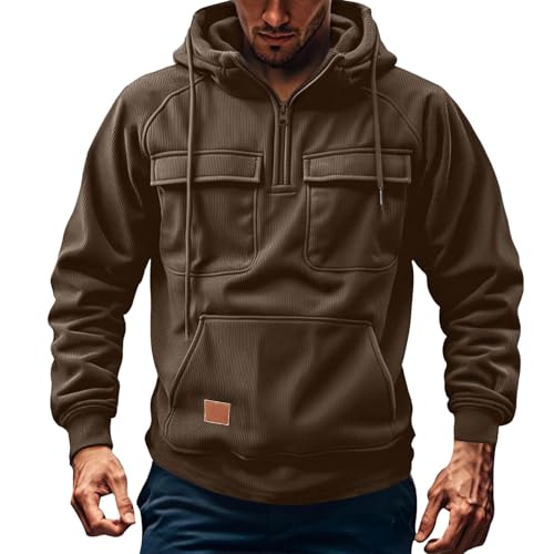 Mens Tactical Hoodies Quarter Zip-Up Pullover Sweatshirts Corduroy Cargo Hooded Sweatshirts Clothes with Multi Pockets2
