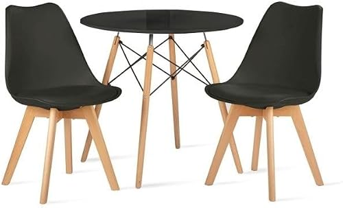 Minimalistic Dining Set with 1 Round Table and 2 Padded Wooden Leg Chairs - Black