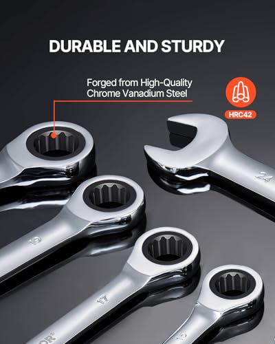 Image of VEVOR Combination Wrench Set, 16-Piece Ratcheting Wrench Set with Organizer Rack, Cr-V Steel, Metric 8 mm to 24 mm, Ideal for General Household, Garage, Workshop, Auto Repairs, Emergency