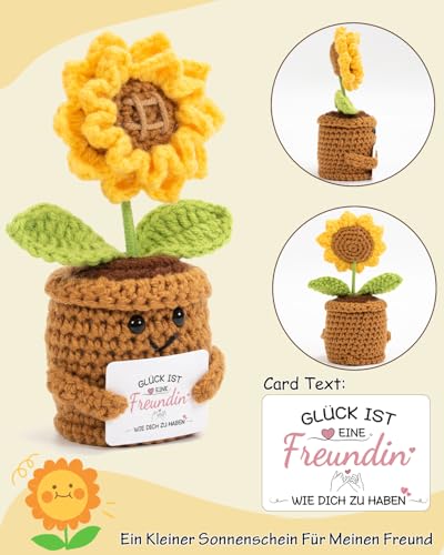 Kanzith Geschenke für Beste Freundin - Positive Sonnenblume Häkelpuppe mit Karte, Kleines Handgemachtes Geburtstag Ostern Valentinstag Freundschaft Geschenk, Schreibtisch Deko