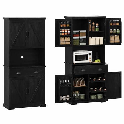 Image of ChooChoo 72" Pantry Cabinet with Storage Drawers, Farmhouse Kitchen Hutch Bar Cabinet with Microwave Stand, Kitchen Cupboard with Door Shelves for Dining Room, Living Room, Black
