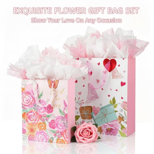 اكياس هدايا كبيرة للهدايا، قطعتين من اكياس الهدايا الورقية الوردية مع مناديل ورقية، شنطة هدايا عيد ميلاد للنساء والفتيات، شنطة للحفلات مع مقابض لعيد الام وعيد الميلاد والزفاف وعيد الحب، 13×10×4 انش