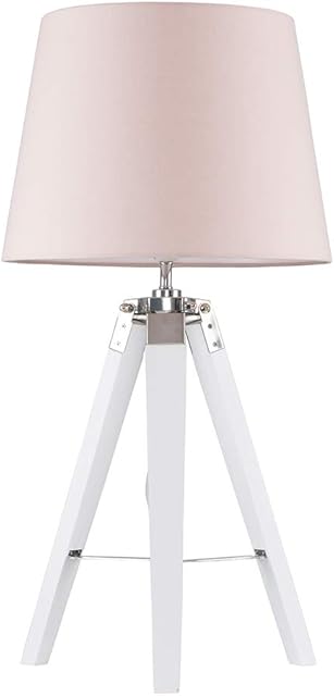 MiniSun Modern White Wood and Silver Chrome Tripod Table Lamp with a Pink Tapered Shade - Complete with a 6w LED GLS Bulb [3000K Warm White]