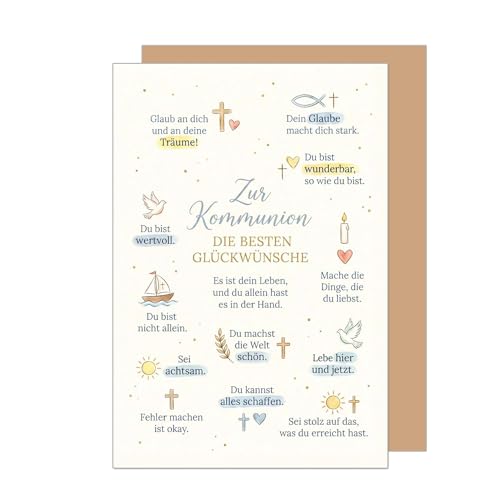 Edition Seidel Premium Glückwunschkarte zur Kommunion mit Umschlag. Kommunionskarte Karte Grußkarte Spruch Sprüche Mädchen Junge Jugendliche Taube Fisch Sonne Boot Herz Wünsche (KO354 SW026)