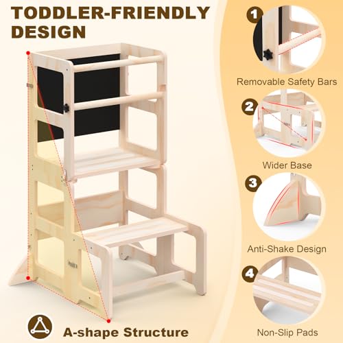Image of Toddler Kitchen Step Stool, 4-in-1 Foldable Standing Tower with Blackboard, Toddler Step Stool for Bathroom Sink, Kitchen Counter, Ages 18 Months+, 1-3 Year Old Boy Girl Gifts