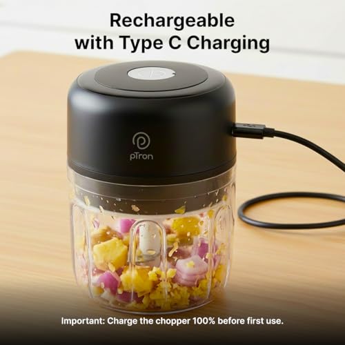 Image of pTron EaseMate Chopper S1, Rechargeable Mini Electric Chopper, Food Grade Bowl, 3 Stainless Steel Blades, One-press Operation, for Mincing Garlic,Ginger,Onion,Vegetable, 250ml, Type C Charging (Black)