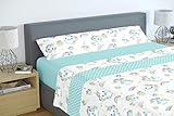 Divertido y alegre juego de sábanas de tres piezas. Para camas de 90 cms: se compone de sabana bajera, sábana encimera, más una funda de almohada de 110x45 cms. Composición: 100% poliester