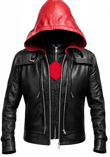 Image of Black and Red Hood Leather Jackets and Vest 2 in 1