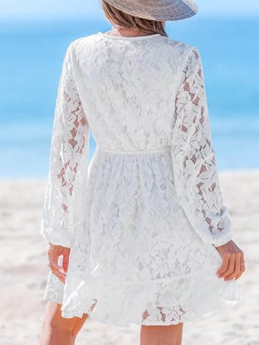 Image of CUPSHE Women Elegant V Neck Lace Peasant Sleeve Mini Summer Dress Elastic High Waist A Line Casual Wedding Guest Dress