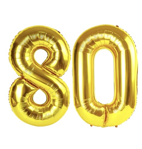 Image of Gold Number 80 Balloon 40 inch, 80 Number Balloons, 80th Gold Birthday Decorations, 80 Year Old Women Men Golden Party Supplies