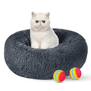 M4W Plush Donut Dog Bed with 2X Pet Balls, Calming Round Cat Bed and Small Dog Bed with Soft Fluffy Cuddler, Self-Warming Pet Bed Cushion, Machine Washable and Kitten Puppy Beds, Grey 50cm