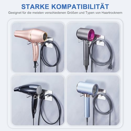 XILIMOR Föhnhalterung Bad Wand Ohne Bohren, Föhn Halterung Fönhalter Edelstahl mit Kabellagerungsregale, Haartrocknerhalter Zum Kleben für Bad Schlafzimmer Hotel, Silber