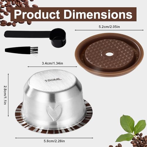 XIHIRCD Zestaw Kapsułek Wielokrotnego Użytku do Nespresso Vertuo, Stal Nierdzewna 150ml Akcesoria do Kapsułek z Pokrywką Łyżeczką i Szczoteczką Kompatybilny z Delonghi ENV135 i ENV150