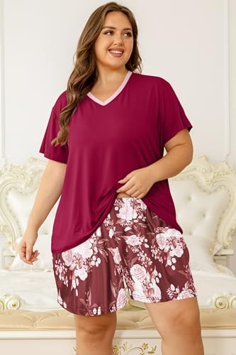 Image of Vozanet Women's Short Sleeve Top and Shorts Pajama Sets Plus Size V Neck Colorful Flower Nighty Loungewear With TWO Pockets