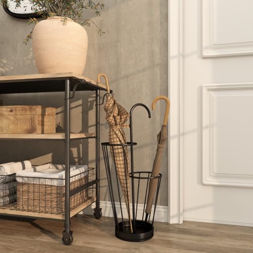 Image of Metal Wire Umbrella Stand with Drip Tray, Black, Dual Compartment, 27.45 inch Tall