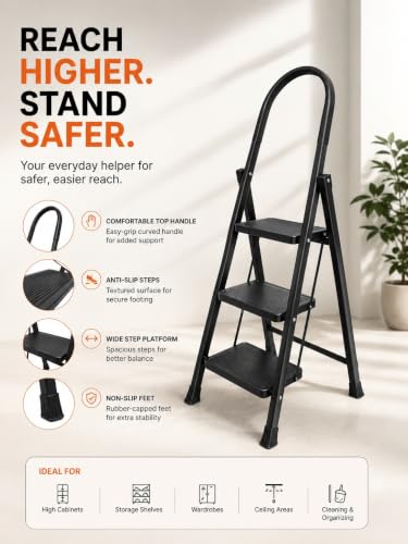 Image of KITCHIVO 3 Step Foldable Ladder with Safety Handrail, Wide Anti-Slip Steps & Non-Slip Feet, Heavy Duty Steel Step Ladder for Home, Kitchen & Office