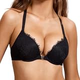 DOBREVA Women's Push Up Racerback Bra Front Closure Lace Halter Plunge Bras Padded Full Coverage Underwire Black 38DD