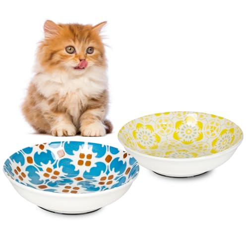 HAPPY KIT Ceramic Cat Bowls for Food 2pcs,5.75 inch with Non-Slip Silicone Bottom for Indoor, 8.5oz...