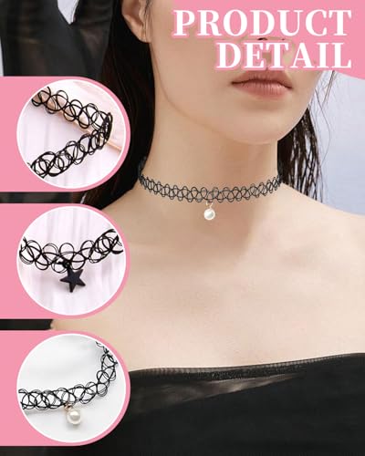 JUKOTA 4 Stück Stretch halsbänder Schwarz Choker Halskette mit Anhänger Damen Elastische Tattoo Halskette für Mädchen Frauen Teen Geschenk Geburtstagsgeschenk