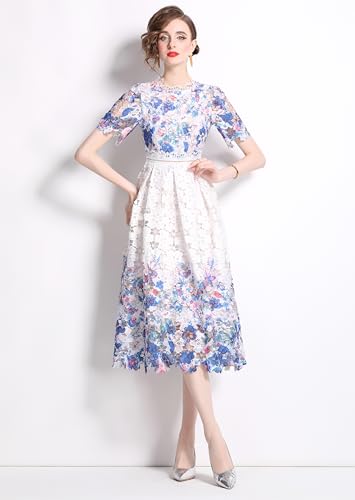 Image of LAI MENG FIVE CATS Women's Lace Floral Short Sleeve Crochet Waist Cocktail Midi Dress